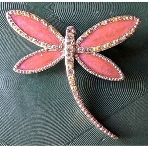 Nina Ricci for Avon Pink Dragonfly Brooch, Rhinestones / Pink Enamel, 2" x 2"